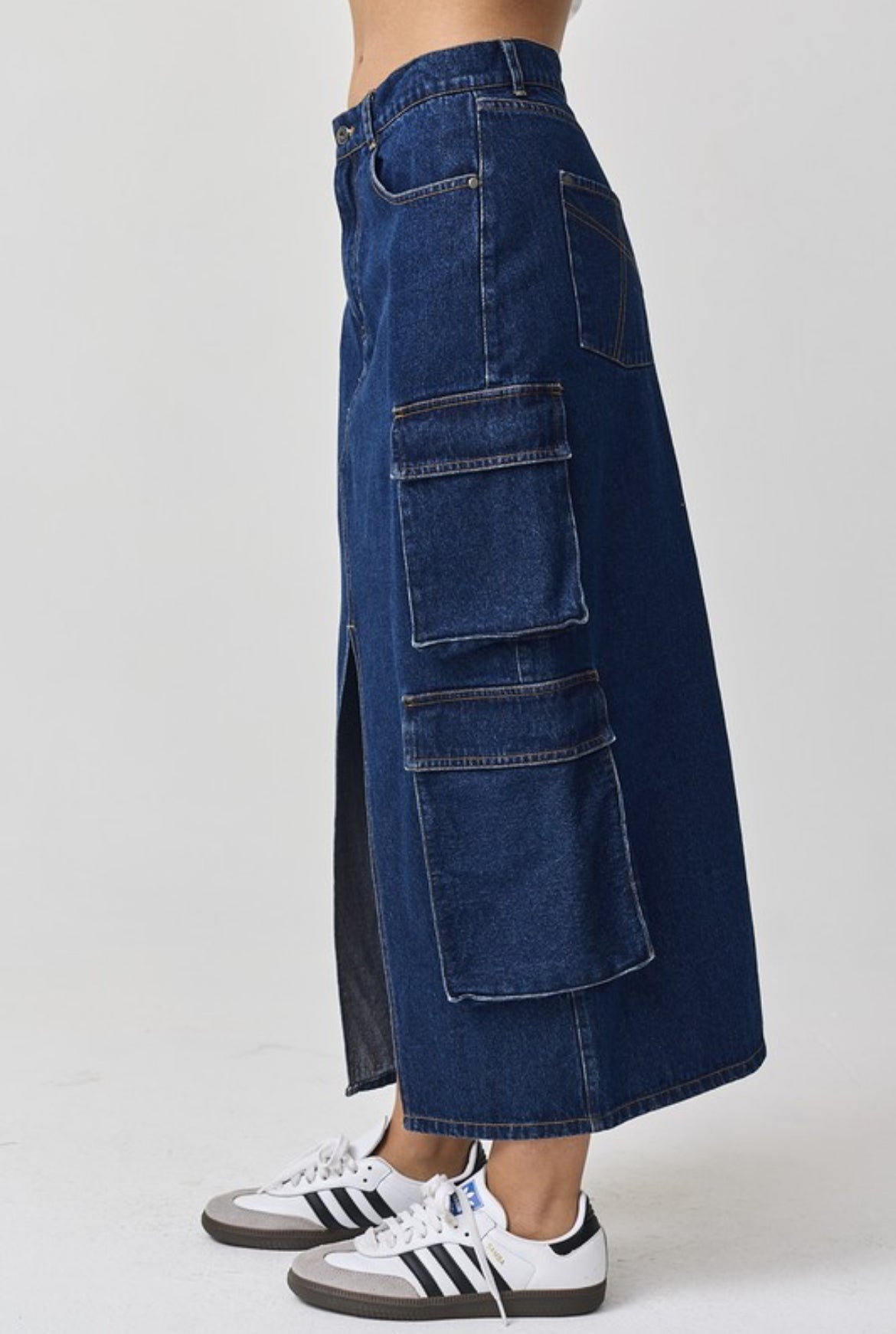 Split Decision Denim Midi Skirt