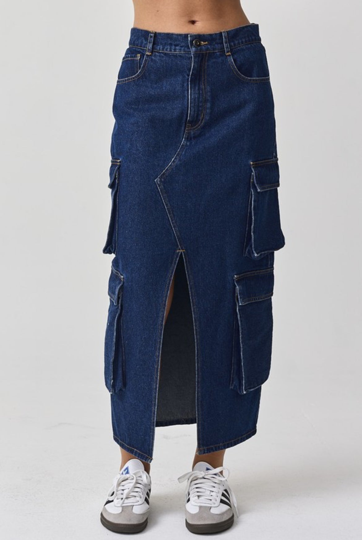 Split Decision Denim Midi Skirt