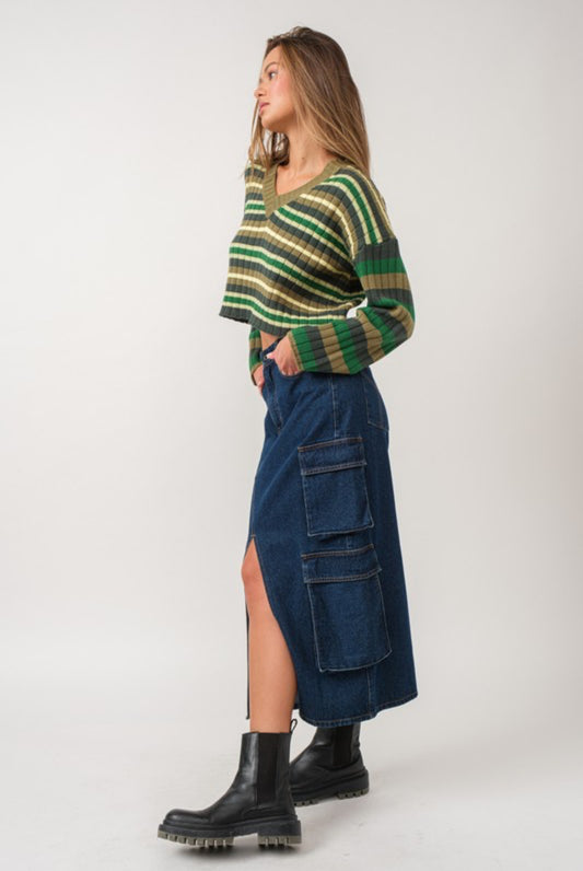 Split Decision Denim Midi Skirt